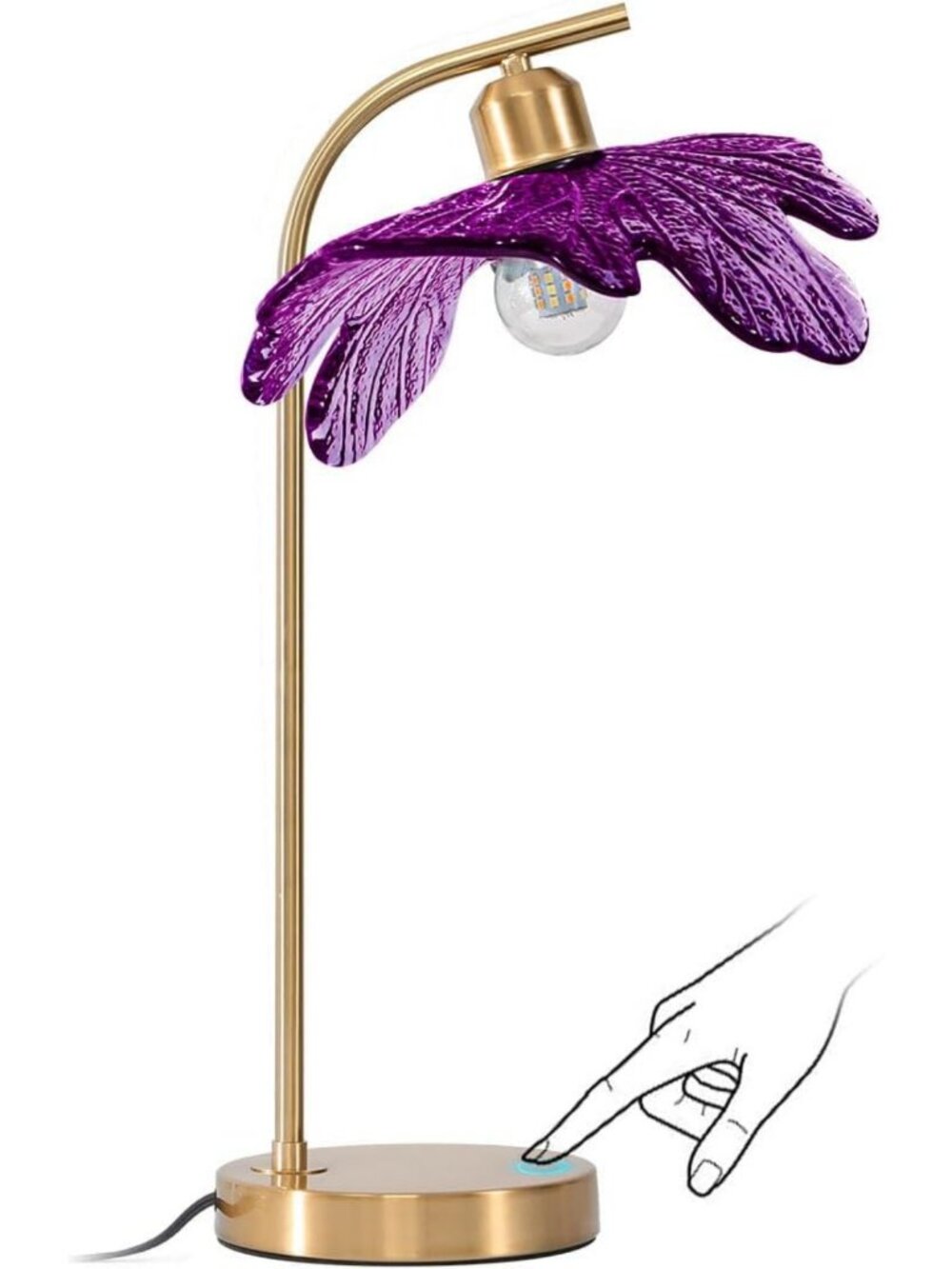 Vintage Purple Glass Table Lamp with Flower Shade & Touch Metal Base - Mid